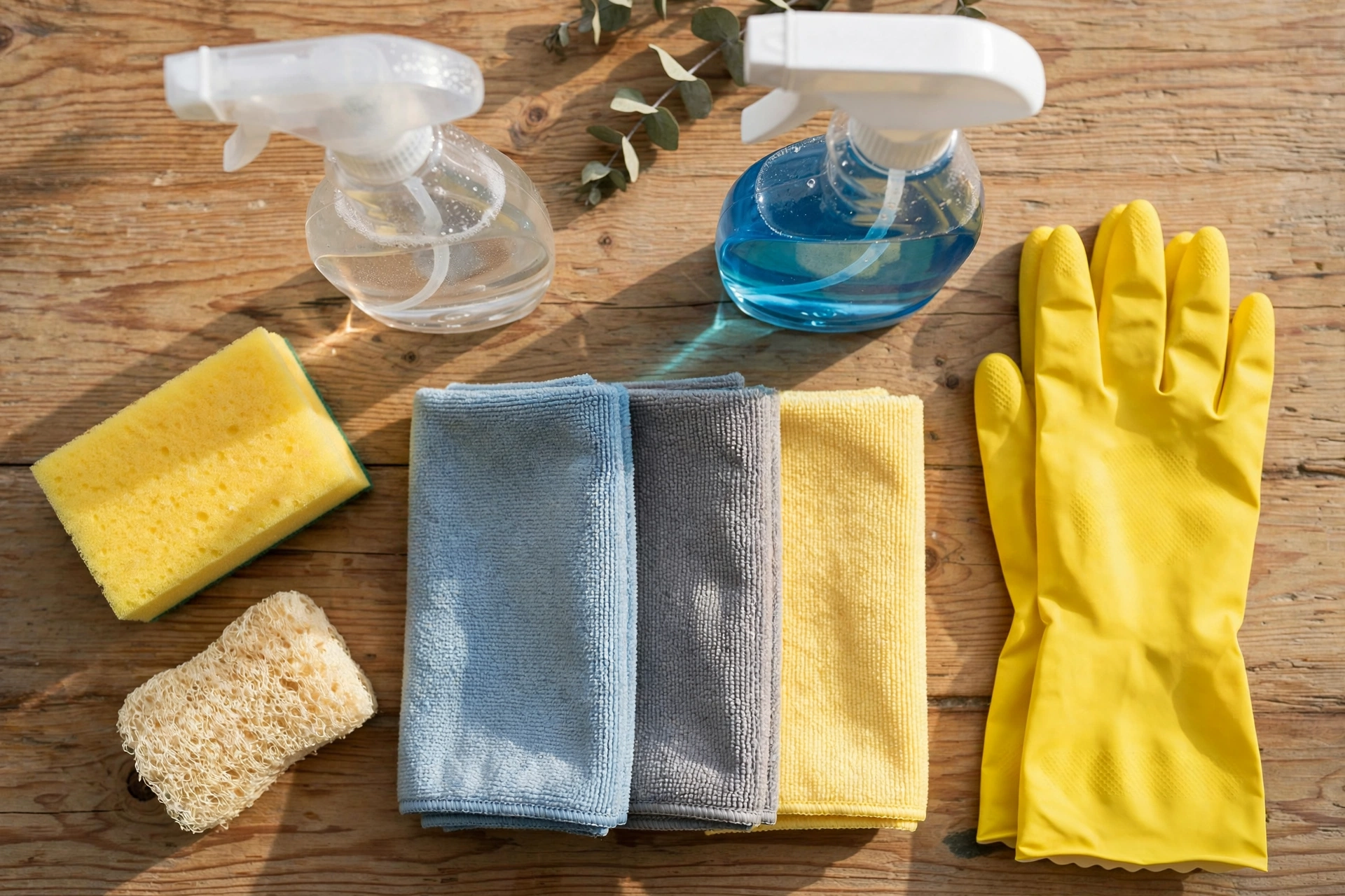 Flat lay of basic cleaning supplies including spray bottles, sponges, microfiber cloths, and gloves on a wooden table