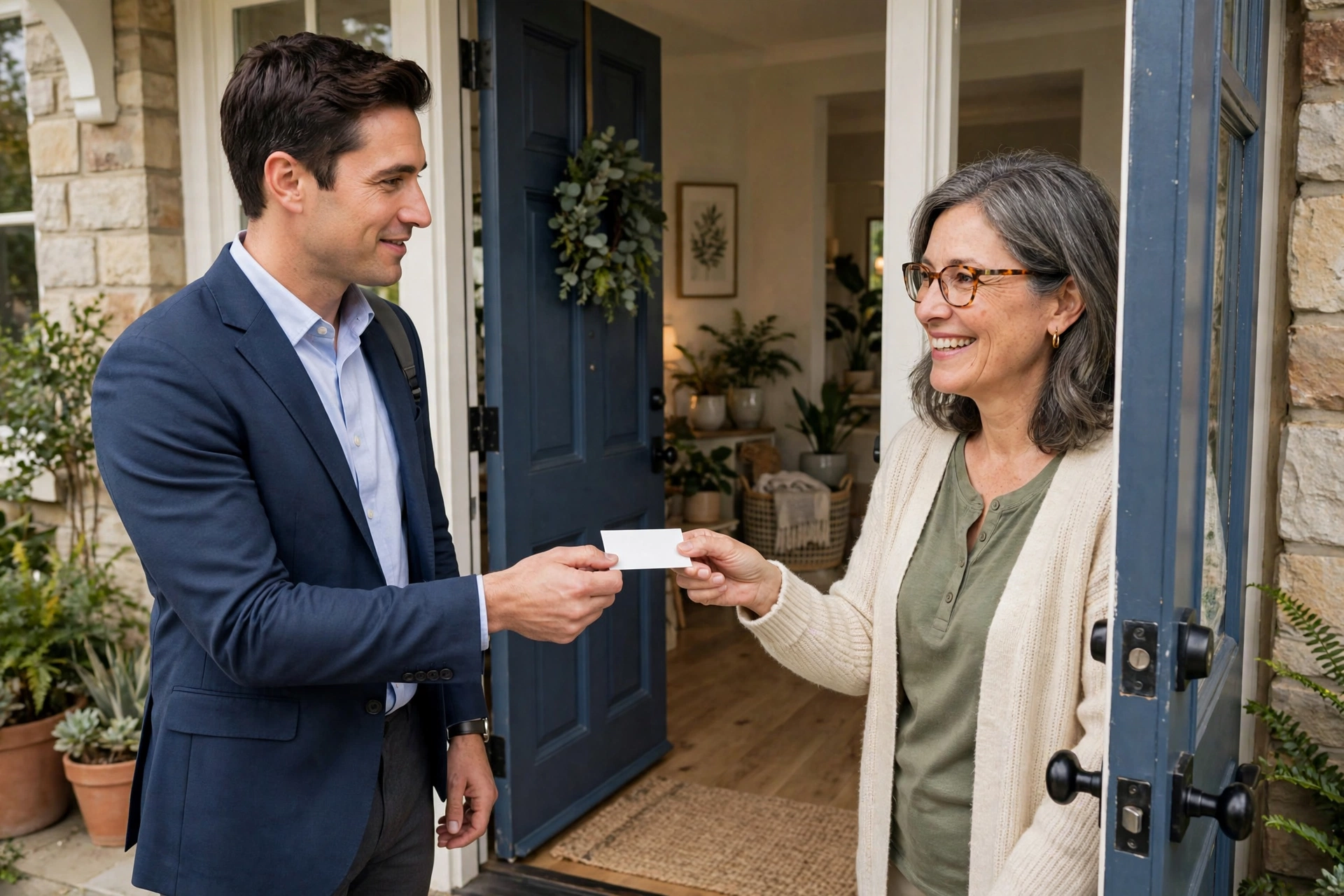 Small business owner handing a business card to a smiling homeowner at a front door