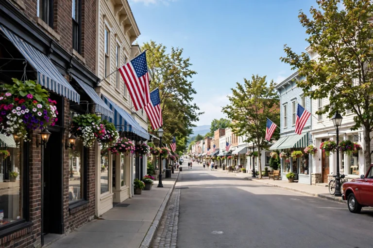Charming small-town main street with storefronts on a sunny day