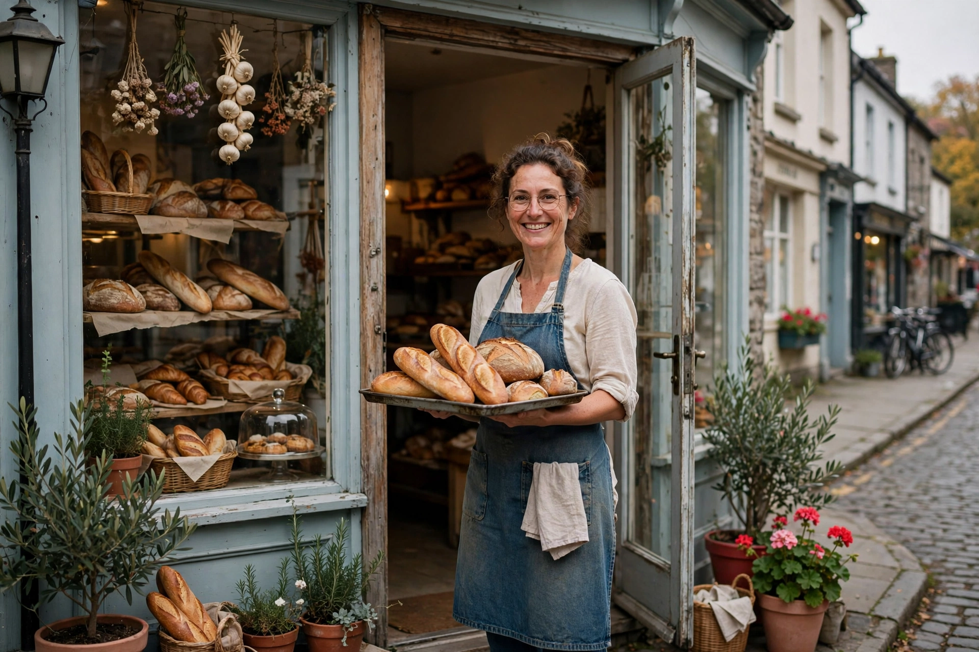 Small-town bakery owner holding a tray of fresh bread in the storefront doorway