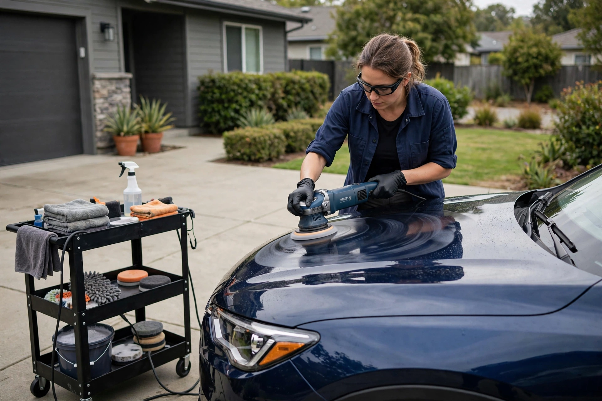 Mobile car detailing service polishing a car in a residential driveway