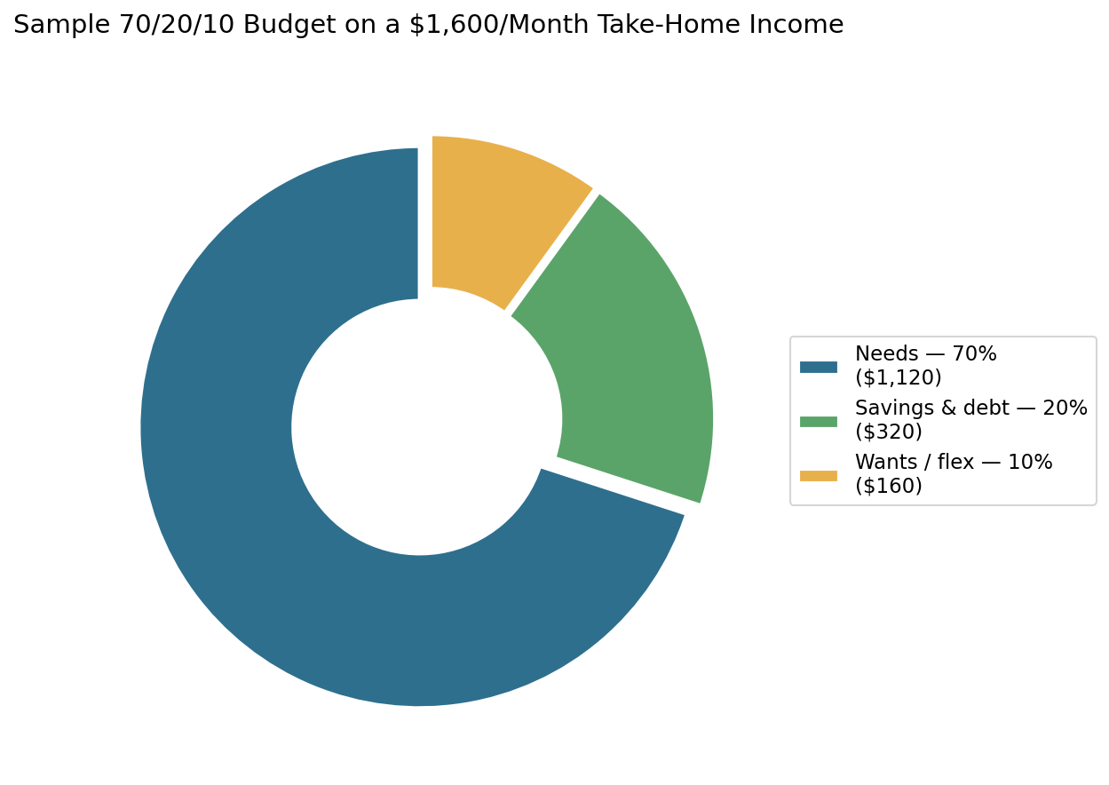 Pie chart showing the 70/20/10 budget split on a sample $1,600 monthly income