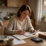 Person learning how to budget on a low income, reviewing household bills with a calculator and notebook at a kitchen table