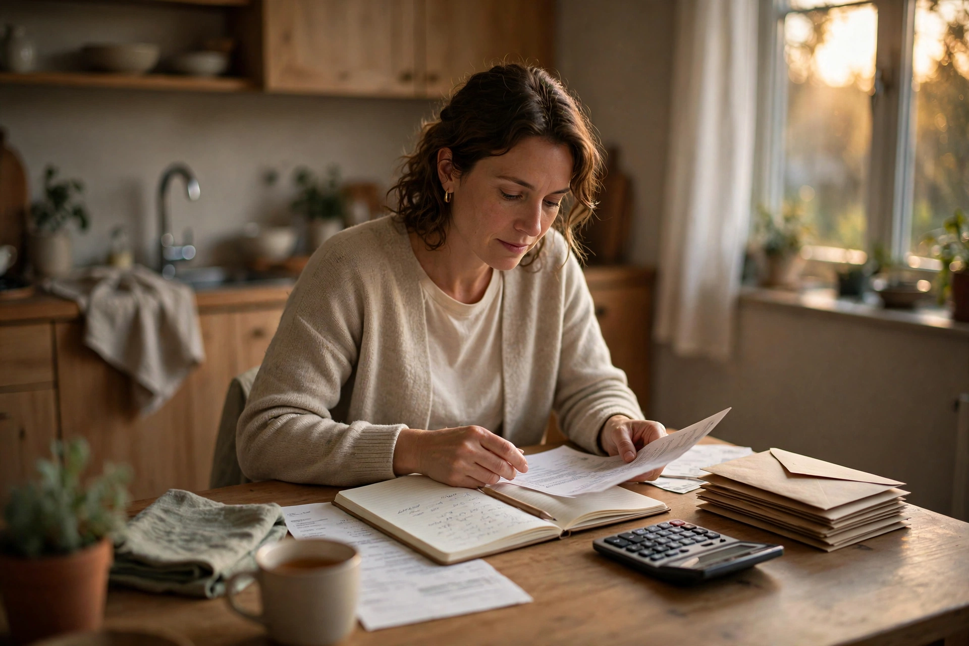 Person learning how to budget on a low income, reviewing household bills with a calculator and notebook at a kitchen table