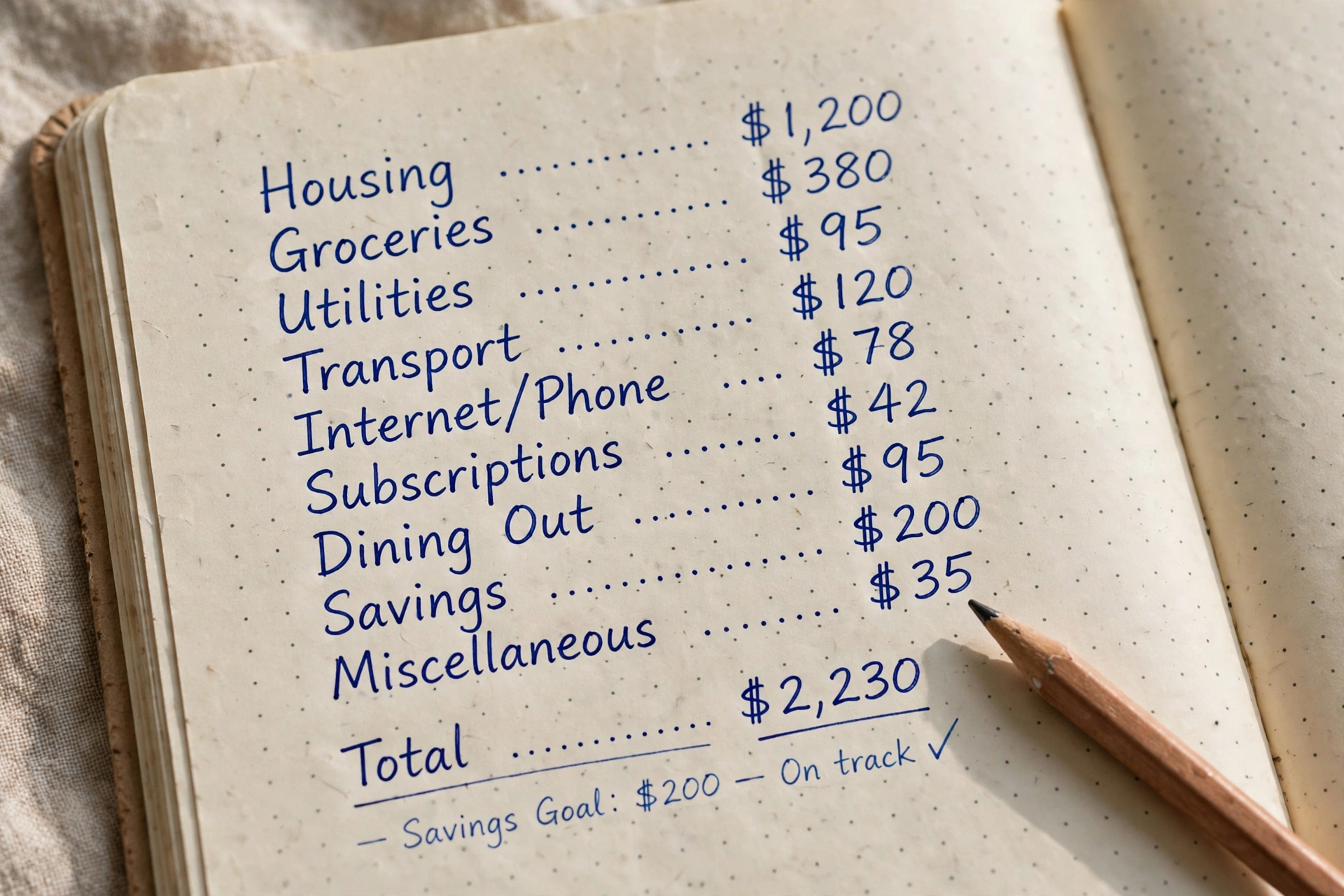 Handwritten monthly budget with expense categories in a paper notebook