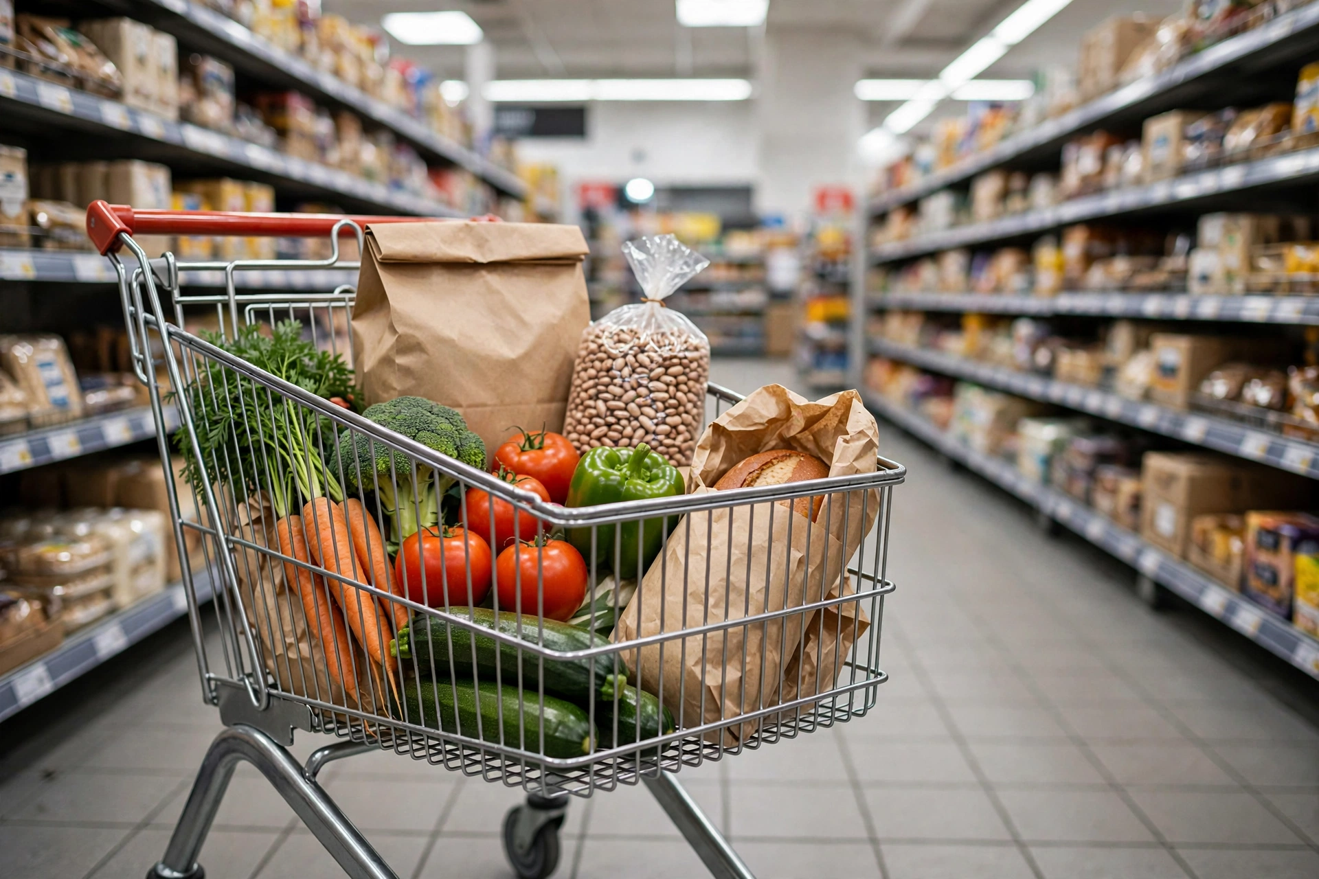 Shopping cart with affordable grocery staples in a supermarket aisle