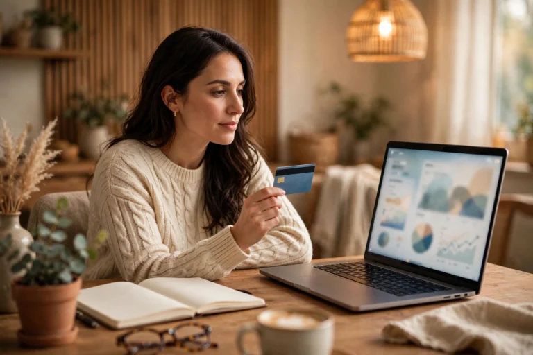 Person learning how to build credit from scratch, holding a credit card while reviewing a finance dashboard on a laptop