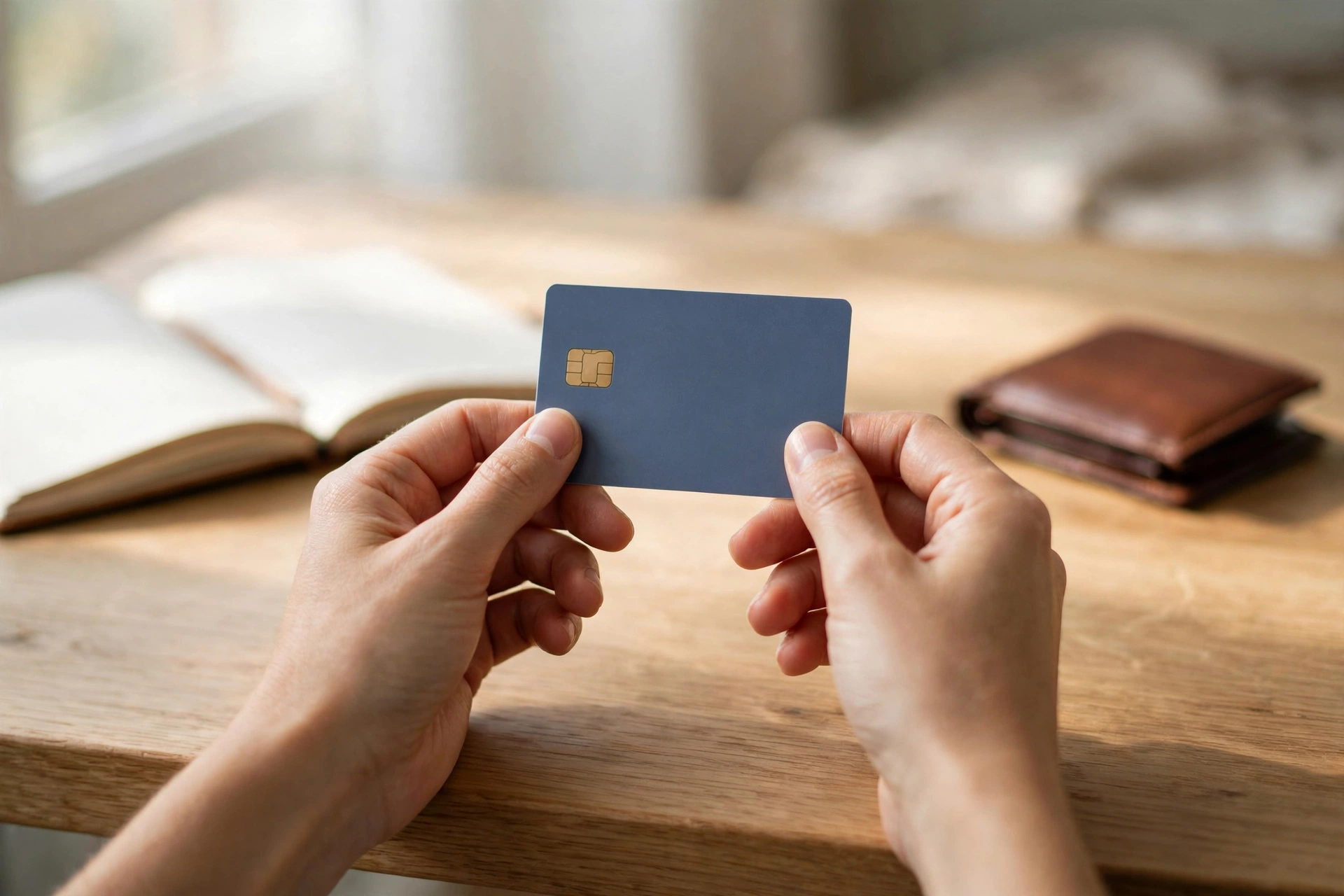 Hands holding a credit card over a desk