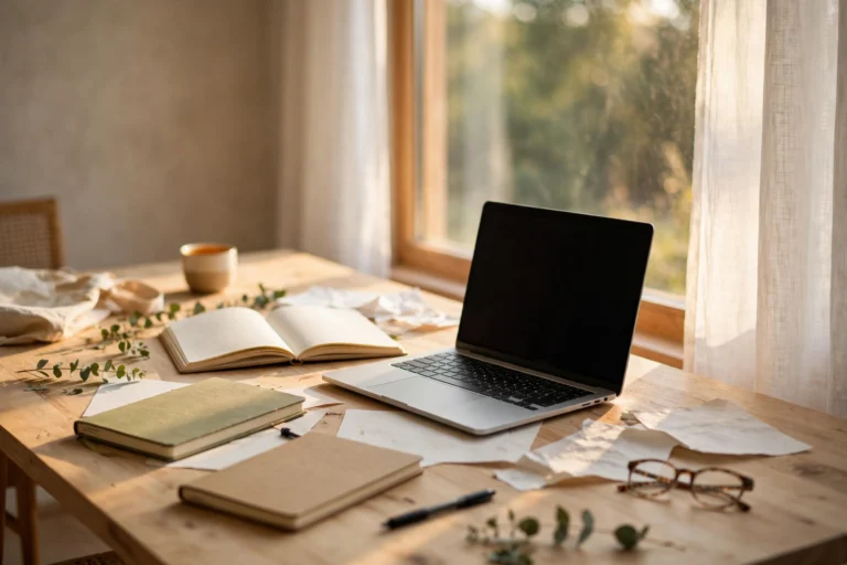 Student desk with an open laptop, notebooks and pen in warm window light, for a chromebook vs laptop for students buying guide