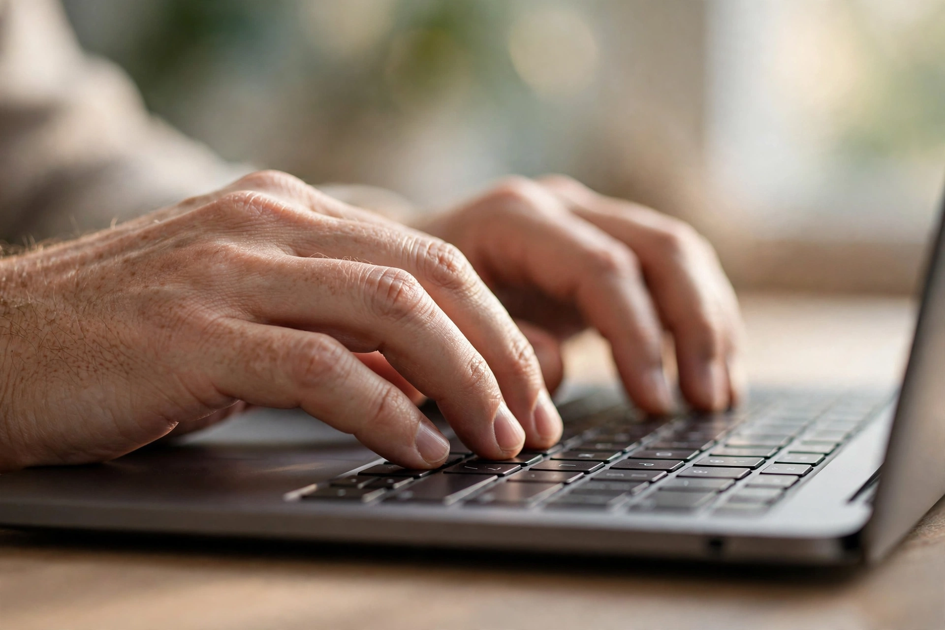 Close-up of hands typing on a slim laptop keyboard