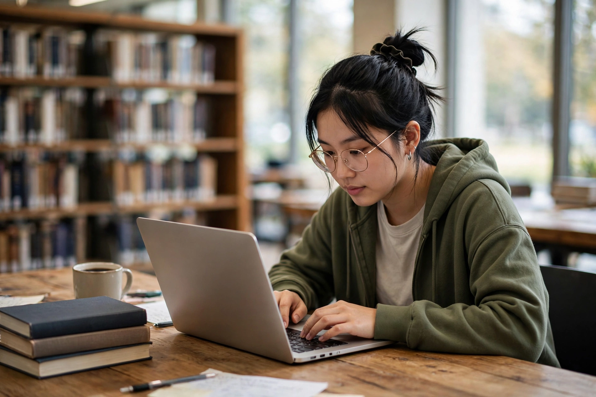 University student using a laptop at a library table